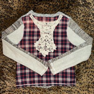 BKE Boutique Mixed Knit Plaid Lined Cardigan Sweater Small